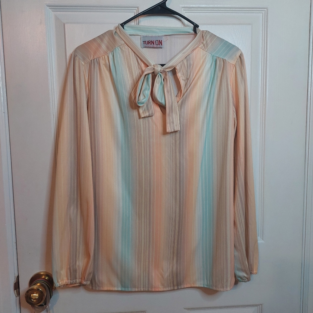 Turn On Vintage 70s Peach Orange Blue Striped Satin Blouse Bow Tie Neck Size M